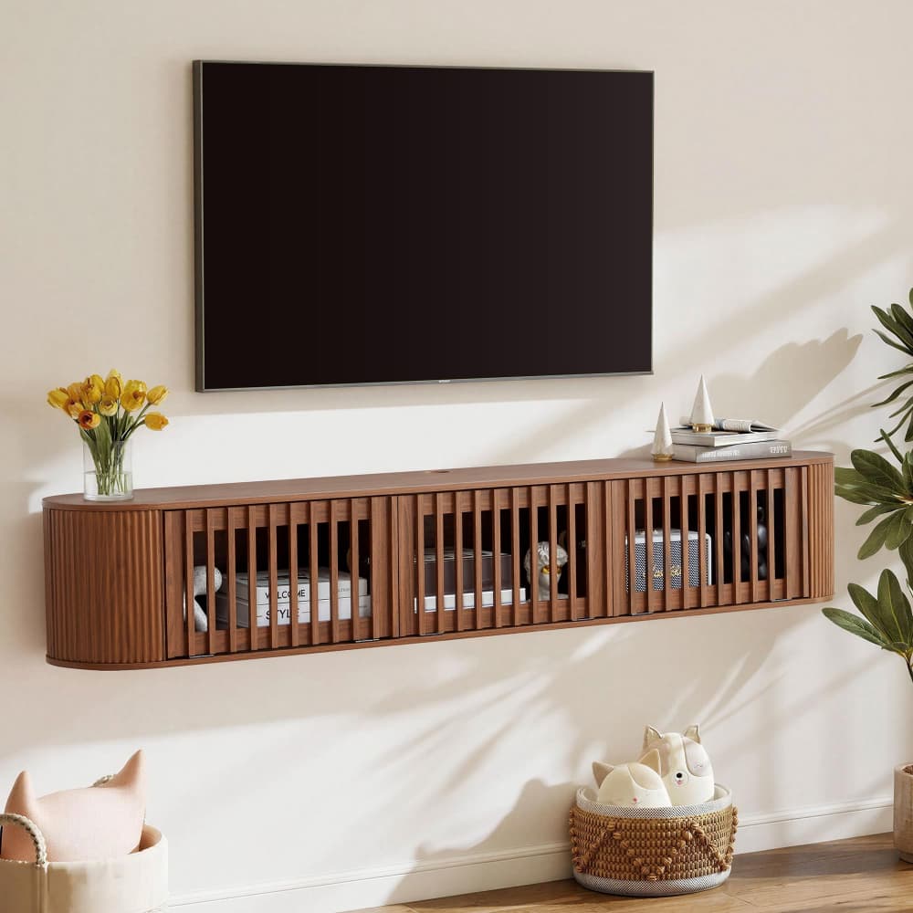 Walnut 71''Fluted Floating TV Stand Wall Mounted Convertible Entertainment Center for 65-80 Inch