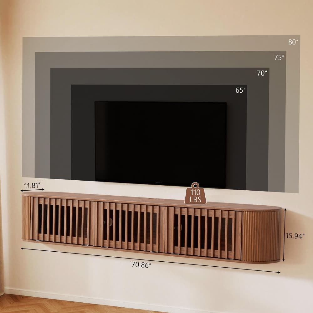 A wall-mounted wooden TV stand or console cabinet shown in a real interior setting, with overlaid dimension lines and labels indicating width, height, and depth, plus a small 110 LBS weight icon. This is not a clean isolated product shot because the room context and measurement annotations are present, so the best fit is Measurement Chart rather than Product/Packaging.