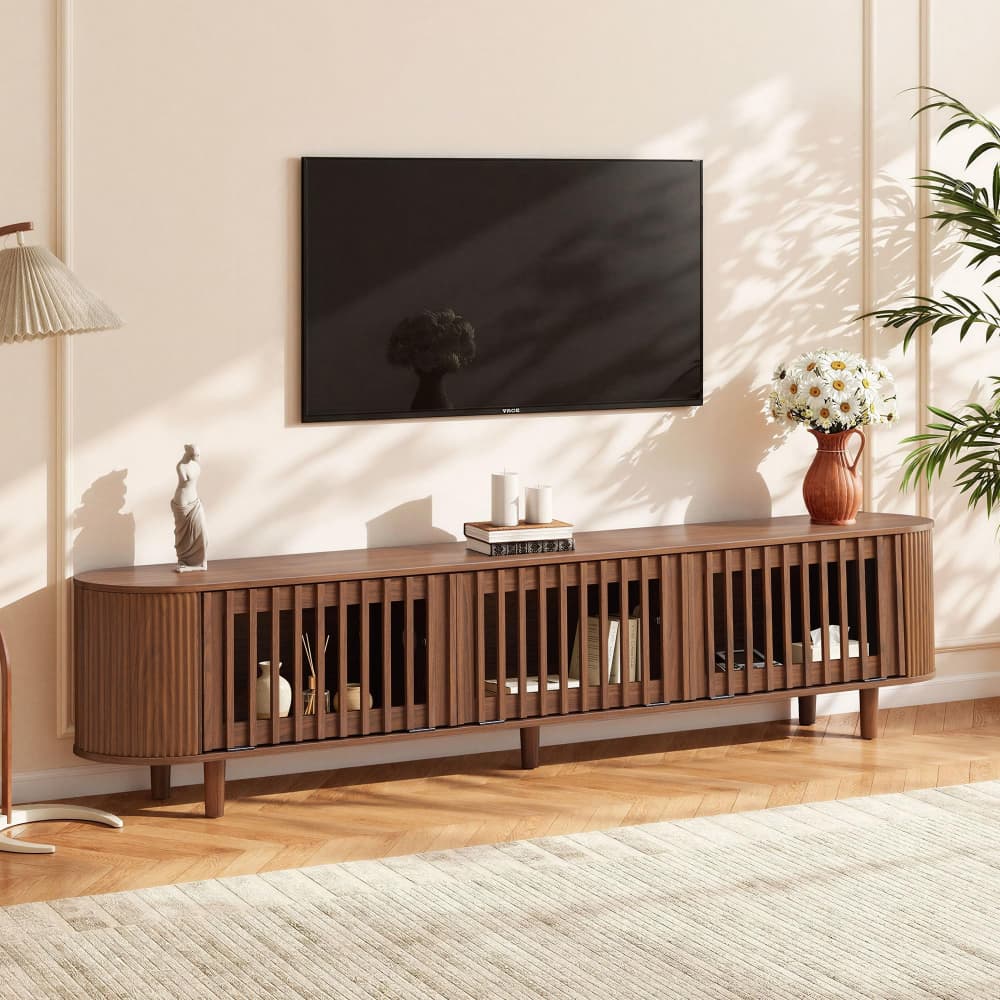 Walnut 71''Fluted Floating TV Stand Wall Mounted Convertible Entertainment Center for 65-80 Inch