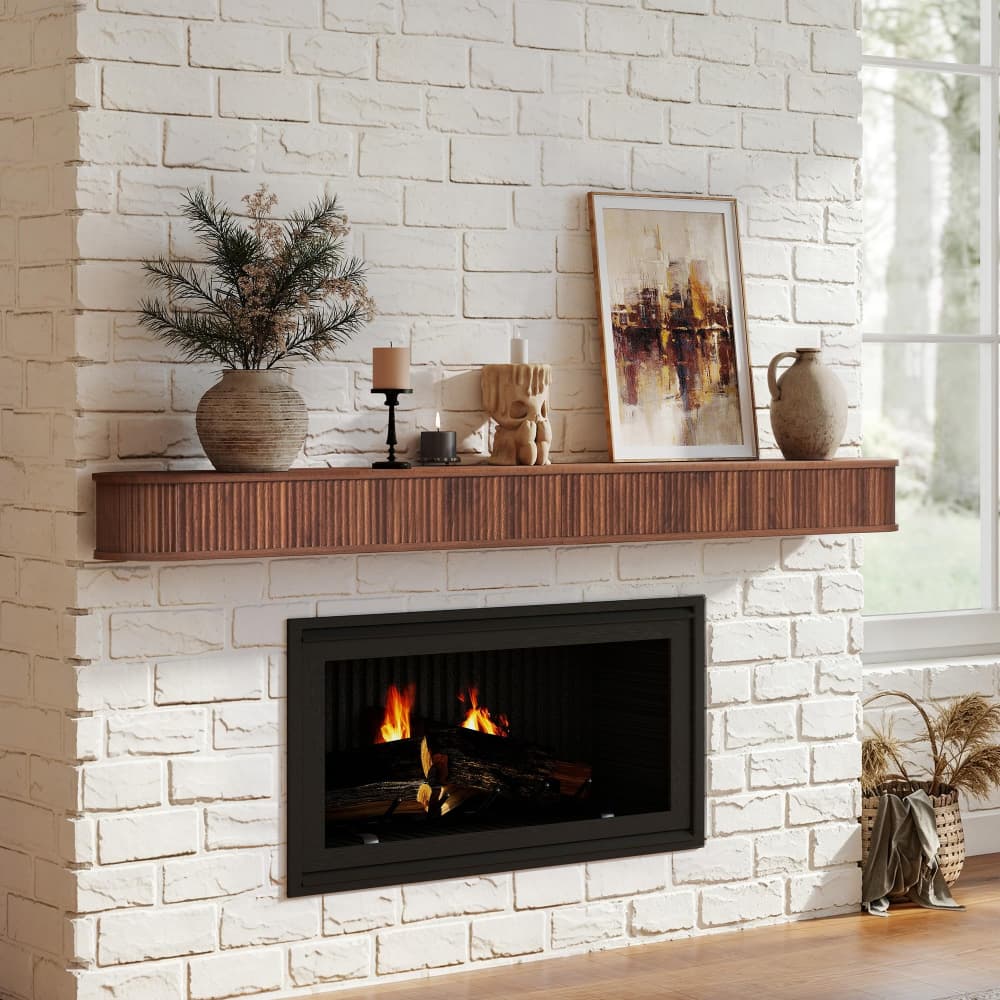 Walnut 72" Fluted Wood Wall Mounted Fireplace Mantel Shelf Floating Shelves