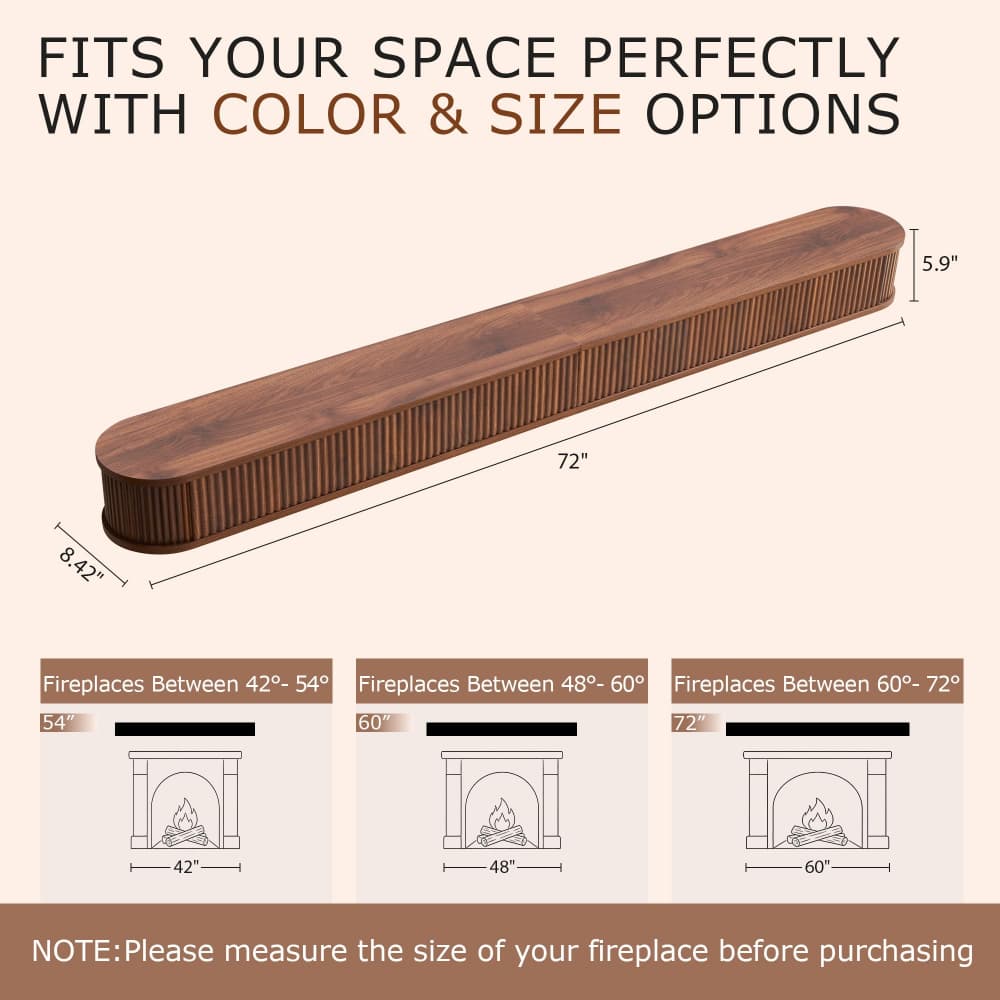 A brown wooden fireplace insert shown on a beige background with dimension labels indicating 72 inches long, 5.9 inches high, and 8.