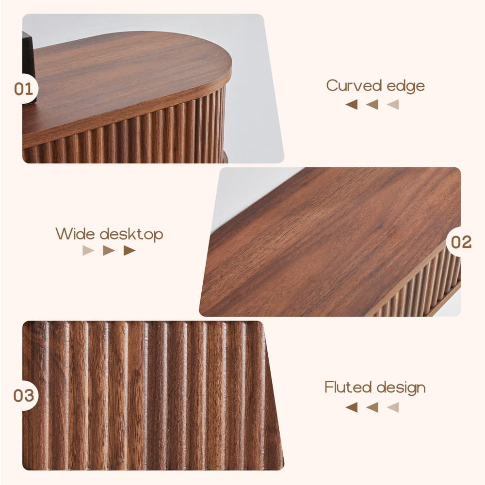 Three detail callout panels of a wooden desk showing the curved edge, wide desktop surface, and fluted side design, with text labels on a light beige background.