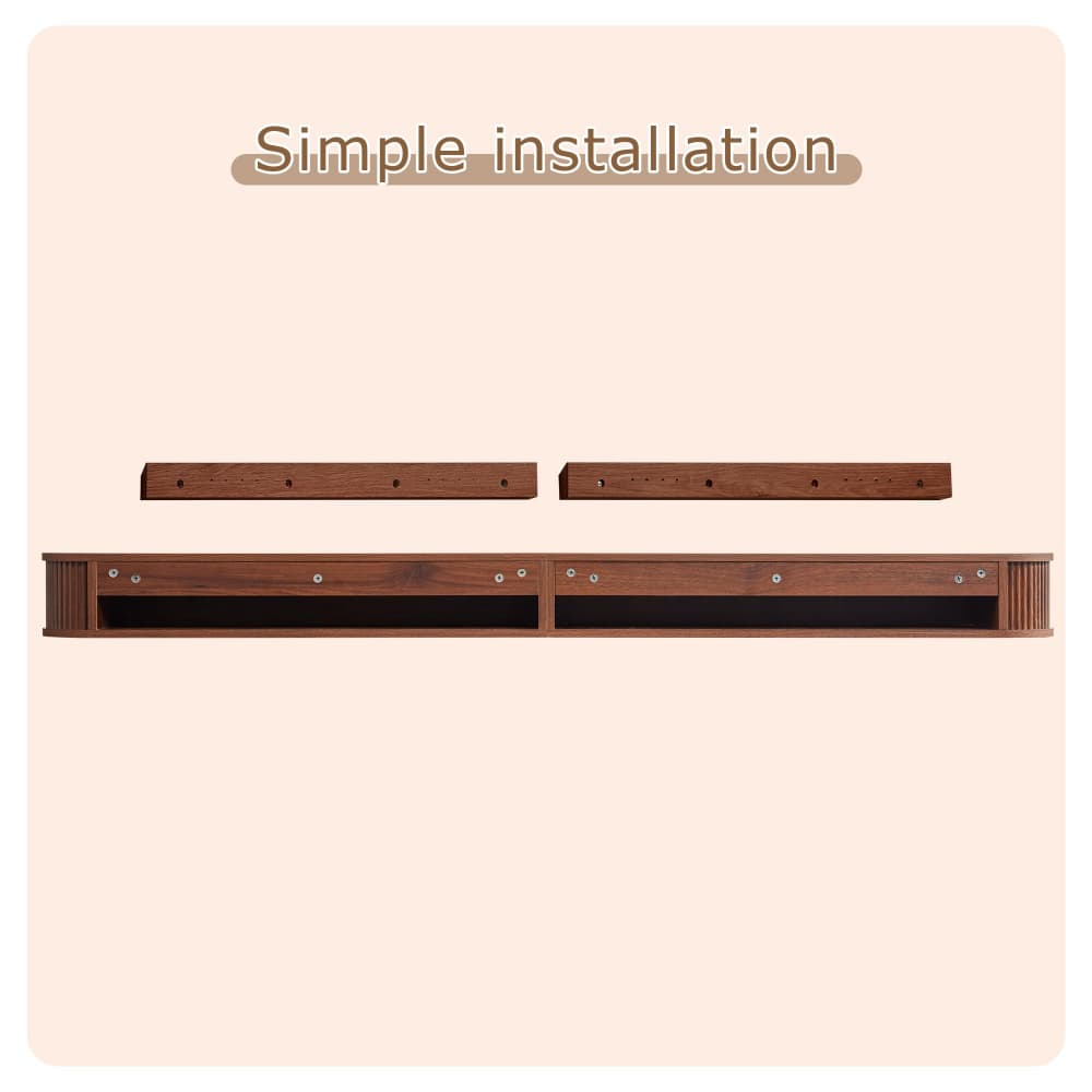 A brown wooden floating shelf shown against a pale peach background with the text 'Simple installation' above it. The shelf is displayed in two lengths, with the longer version showing its front and open storage space.