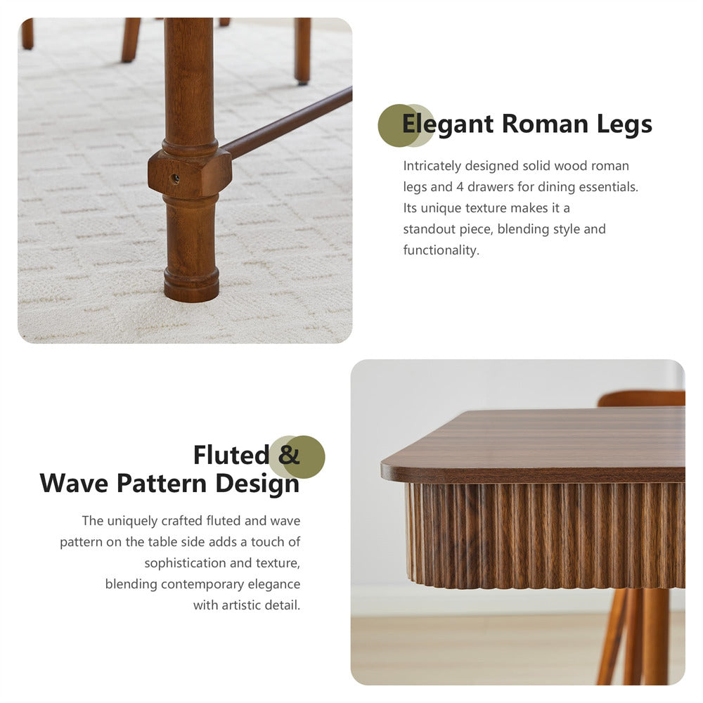 Walnut 78 Inch Fluted Rectangular Kitchen Dining Table with Drawers for 6 8 10