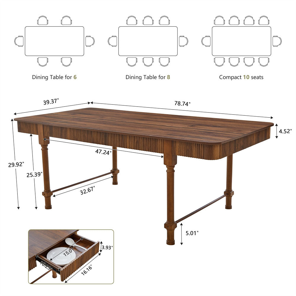 Walnut 78 Inch Fluted Rectangular Kitchen Dining Table with Drawers for 6 8 10
