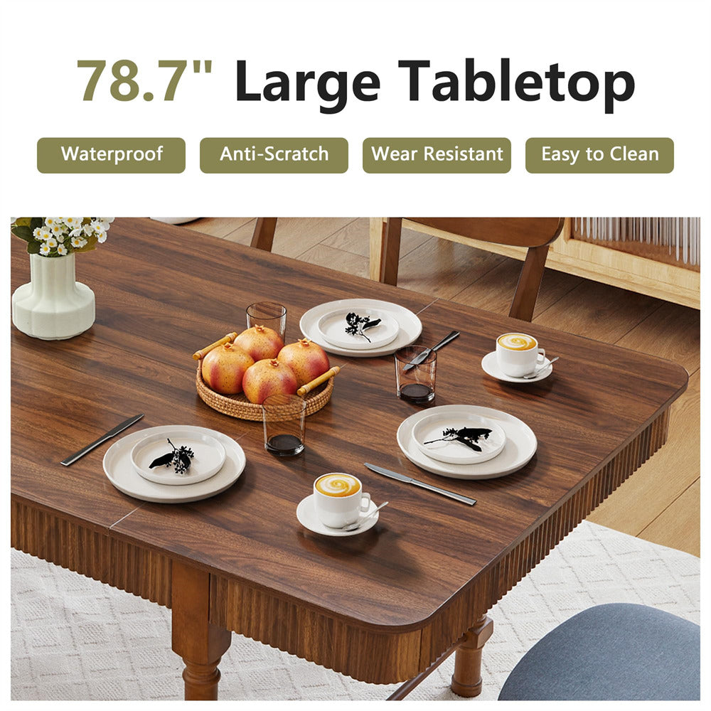 Walnut 78 Inch Fluted Rectangular Kitchen Dining Table with Drawers for 6 8 10