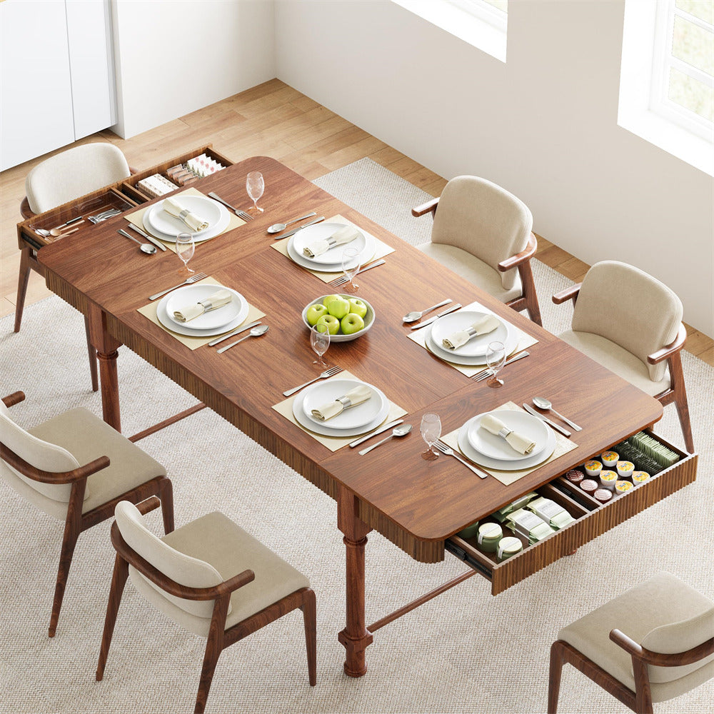 Walnut 78 Inch Fluted Rectangular Kitchen Dining Table with Drawers for 6 8 10
