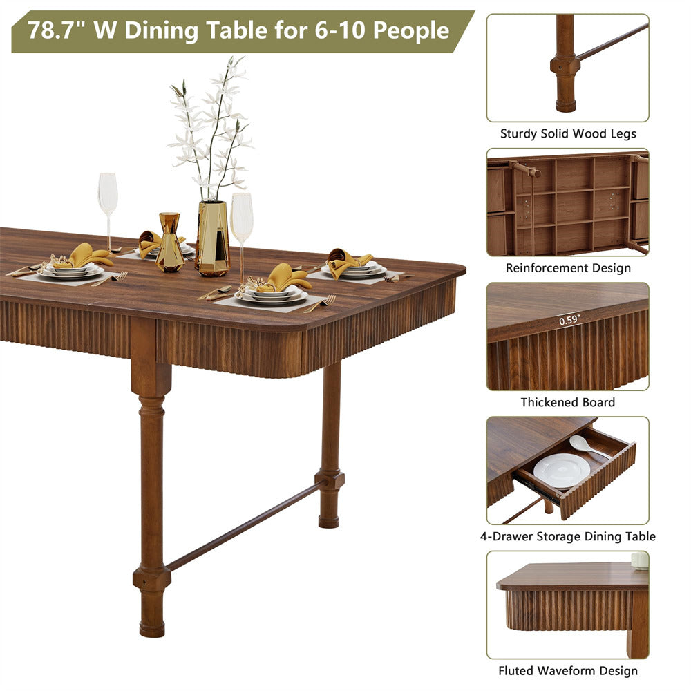 Walnut 78 Inch Fluted Rectangular Kitchen Dining Table with Drawers for 6 8 10
