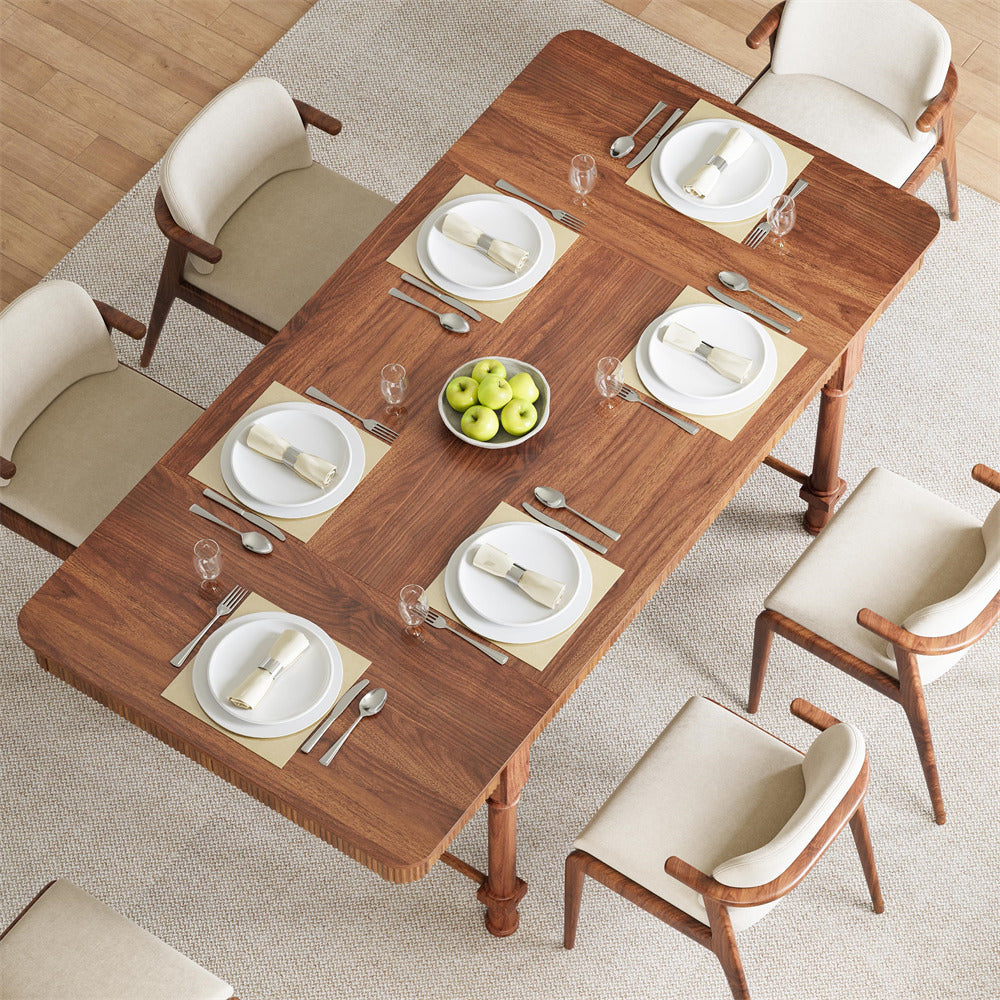 Walnut 78 Inch Fluted Rectangular Kitchen Dining Table with Drawers for 6 8 10