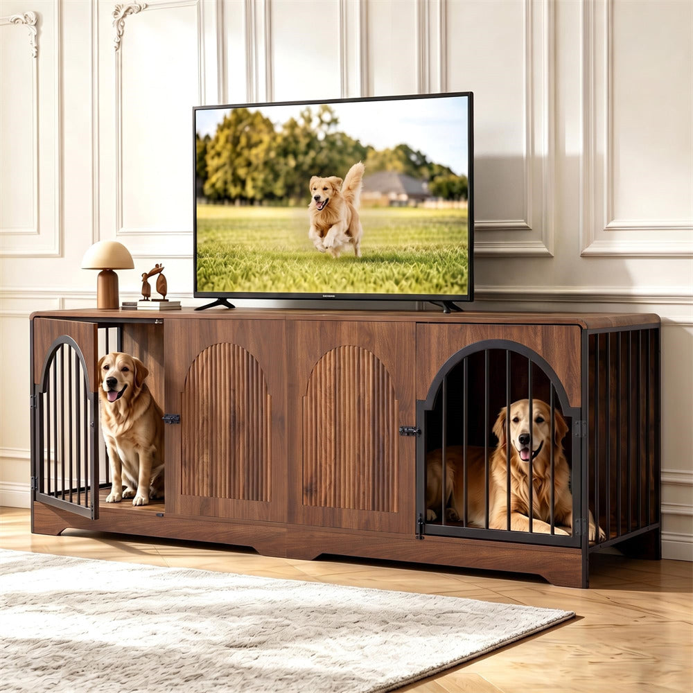 Walnut 87" Extra Large Double Dog Crate with Removable Divider Arched and Metal Doors