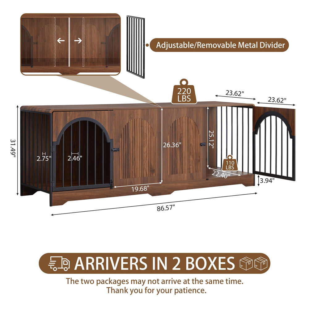 Walnut 87" Extra Large Double Dog Crate with Removable Divider Arched and Metal Doors