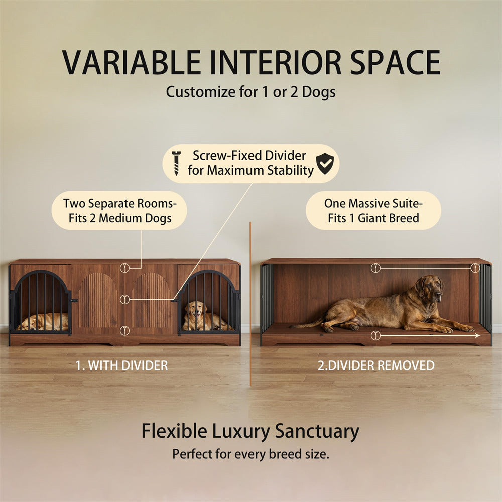 A dog crate shown in two configurations on a beige studio background: on the left, with a screw-fixed divider, the crate is split into two separate rooms for two medium dogs; on the right, the divider is removed and the crate forms one large suite for a giant breed. Text at the top and bottom explains the variable interior space and customization.