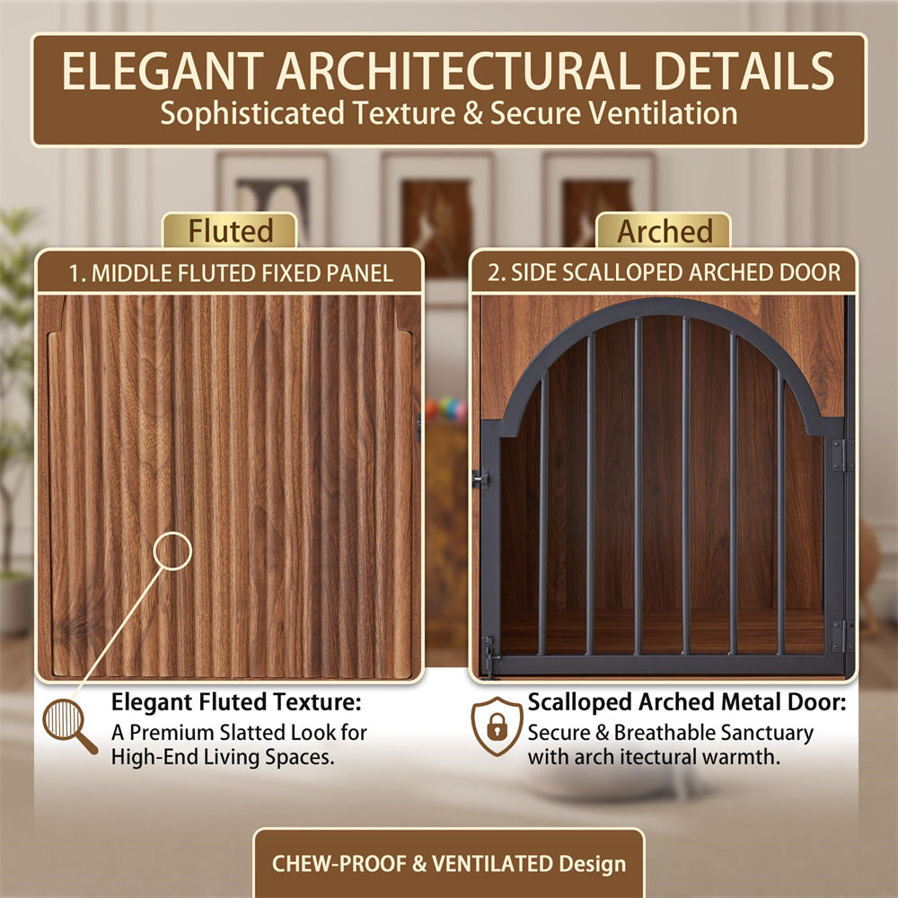 Promotional graphic for a wooden chew-proof and ventilated pet gate, showing two design options: a fluted fixed panel and a scalloped arched metal door with wood trim. The image includes descriptive text and decorative architectural background.