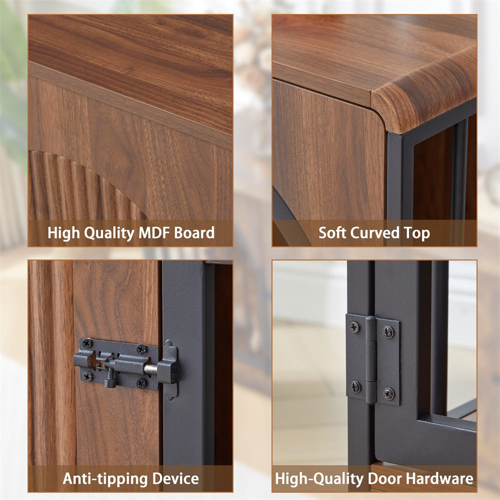 Four-panel close-up collage of a wooden cabinet or sideboard, showing the high-quality MDF wood grain, a softly curved top edge, a black metal latch mechanism, and heavy-duty door hardware. Text labels appear at the bottom of each panel.