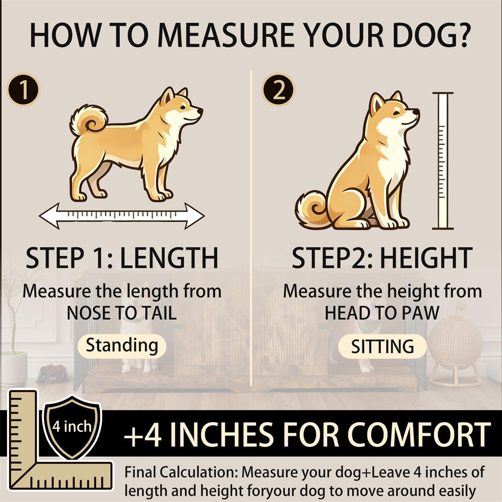 An infographic titled 'HOW TO MEASURE YOUR DOG?' with two illustrated panels showing how to measure a dog's length while standing and height while sitting, plus a note about adding 4 inches for comfort.