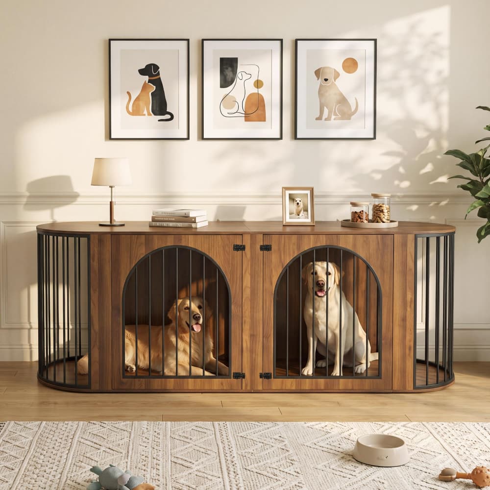 Walnut 87" Modern Indoor Curved Dog Cage for 2 Dogs with Removable Divider