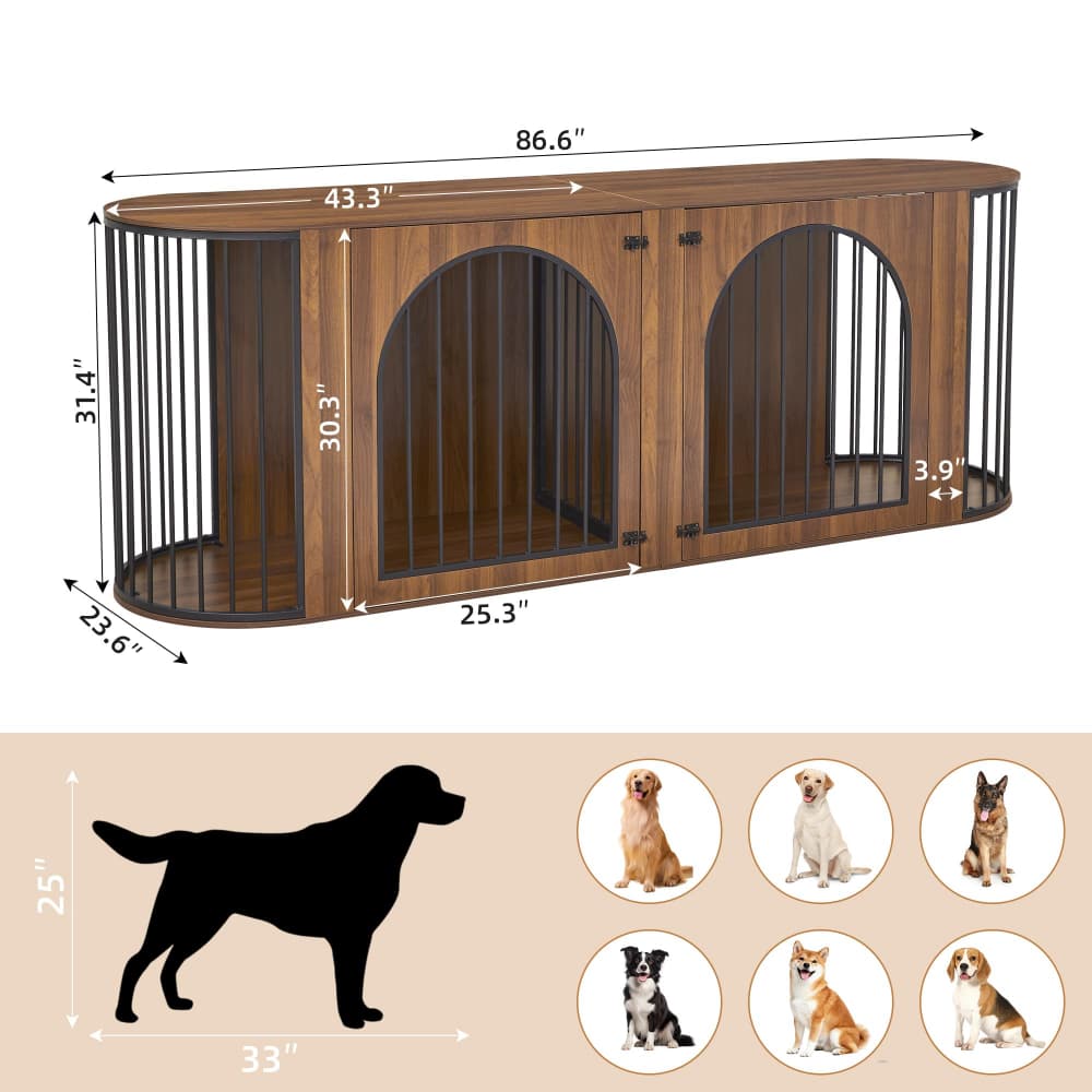 Walnut 87" Modern Indoor Curved Dog Cage for 2 Dogs with Removable Divider