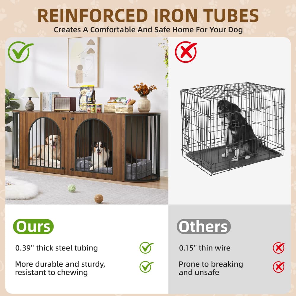Walnut 87" Modern Indoor Curved Dog Cage for 2 Dogs with Removable Divider