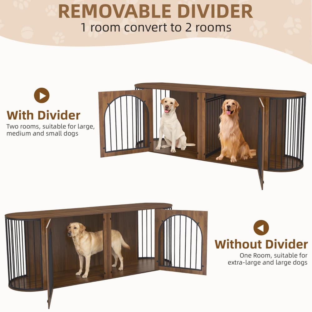 Walnut 87" Modern Indoor Curved Dog Cage for 2 Dogs with Removable Divider