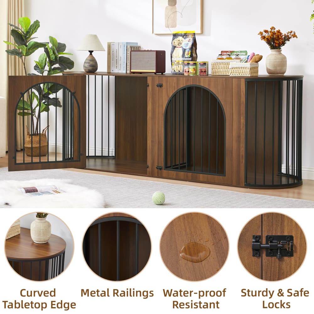 Walnut 87" Modern Indoor Curved Dog Cage for 2 Dogs with Removable Divider
