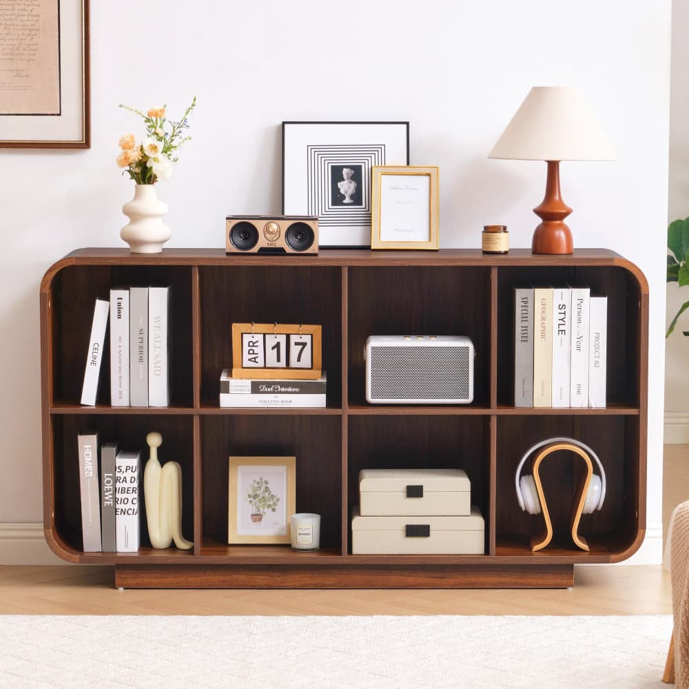 Walnut 8 Cube 2-Tier Wooden Bookcase Floor Standing Storage Shelf with Rounded Corners and Anti-Tip Kit