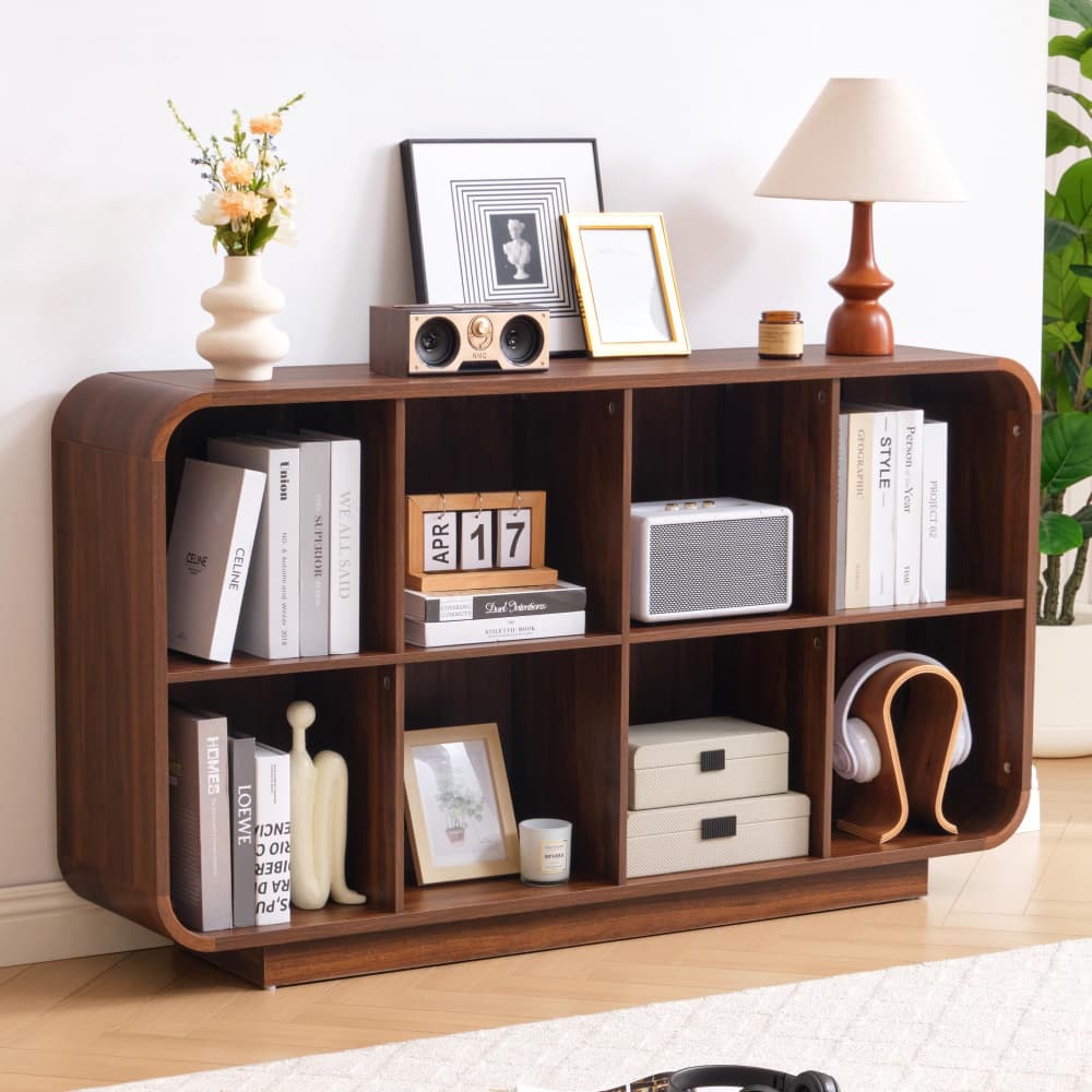 Walnut 8 Cube 2-Tier Wooden Bookcase Floor Standing Storage Shelf with Rounded Corners and Anti-Tip Kit