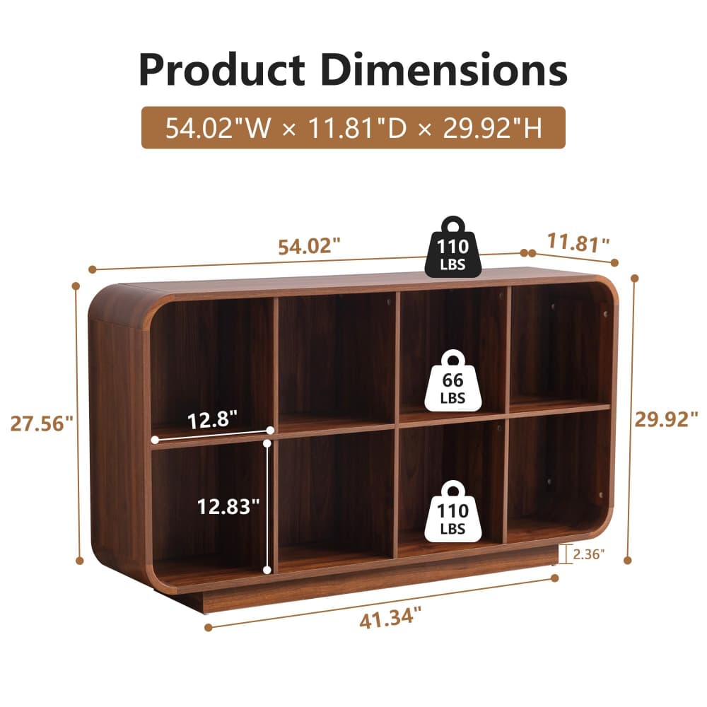 Product dimensions diagram of a dark brown wooden 9-shelf storage cabinet, showing overall measurements (54.02" W x 11.