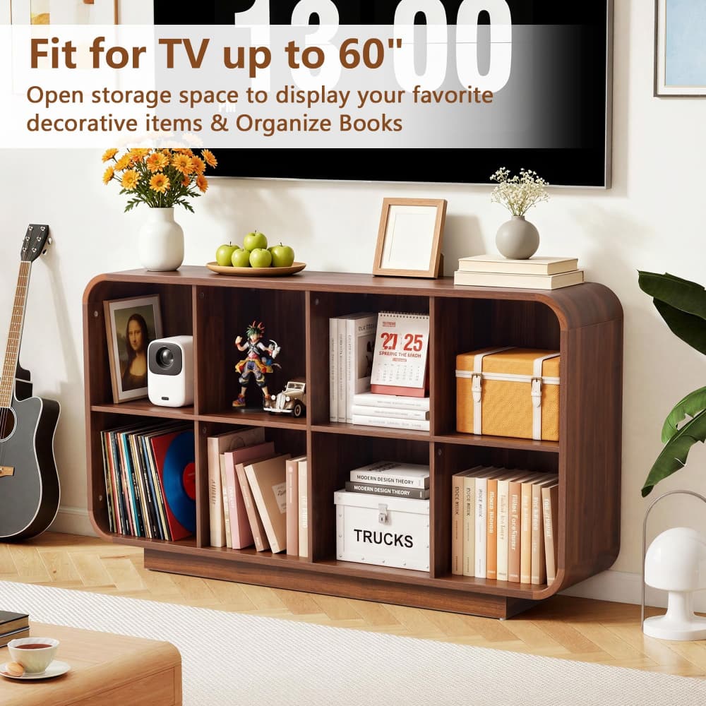 Walnut 8 Cube 2-Tier Wooden Bookcase Floor Standing Storage Shelf with Rounded Corners and Anti-Tip Kit