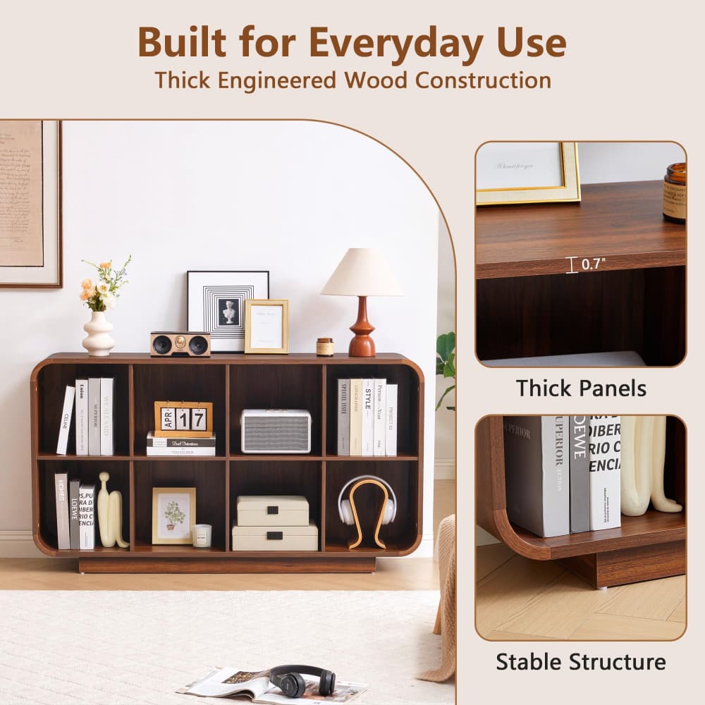 Walnut 8 Cube 2-Tier Wooden Bookcase Floor Standing Storage Shelf with Rounded Corners and Anti-Tip Kit