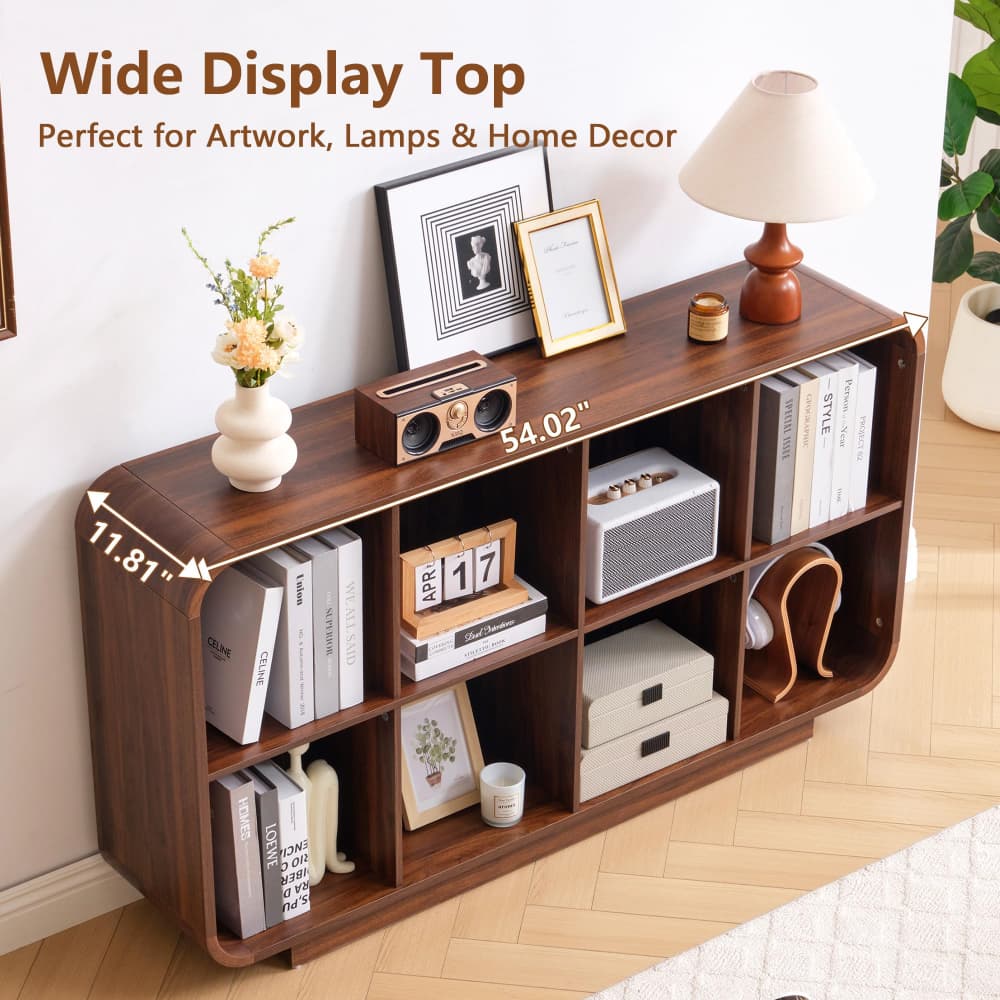 Walnut 8 Cube 2-Tier Wooden Bookcase Floor Standing Storage Shelf with Rounded Corners and Anti-Tip Kit