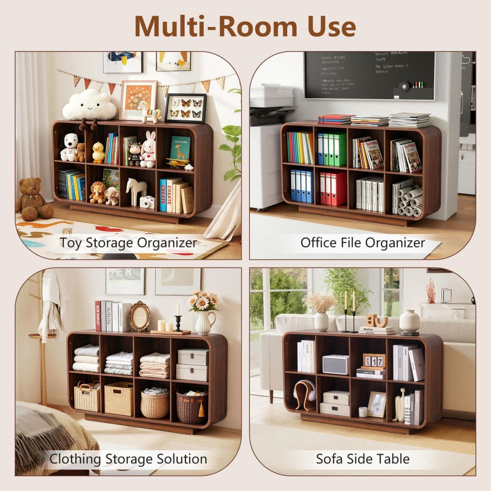 Walnut 8 Cube 2-Tier Wooden Bookcase Floor Standing Storage Shelf with Rounded Corners and Anti-Tip Kit