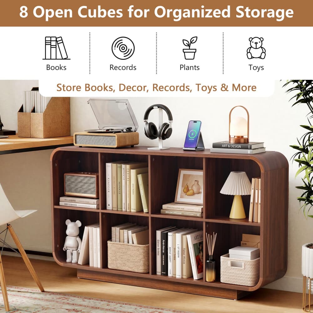 Walnut 8 Cube 2-Tier Wooden Bookcase Floor Standing Storage Shelf with Rounded Corners and Anti-Tip Kit
