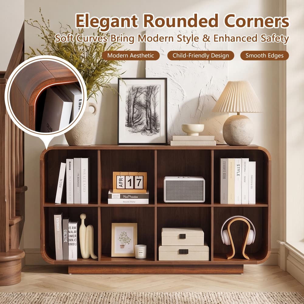 Walnut 8 Cube 2-Tier Wooden Bookcase Floor Standing Storage Shelf with Rounded Corners and Anti-Tip Kit