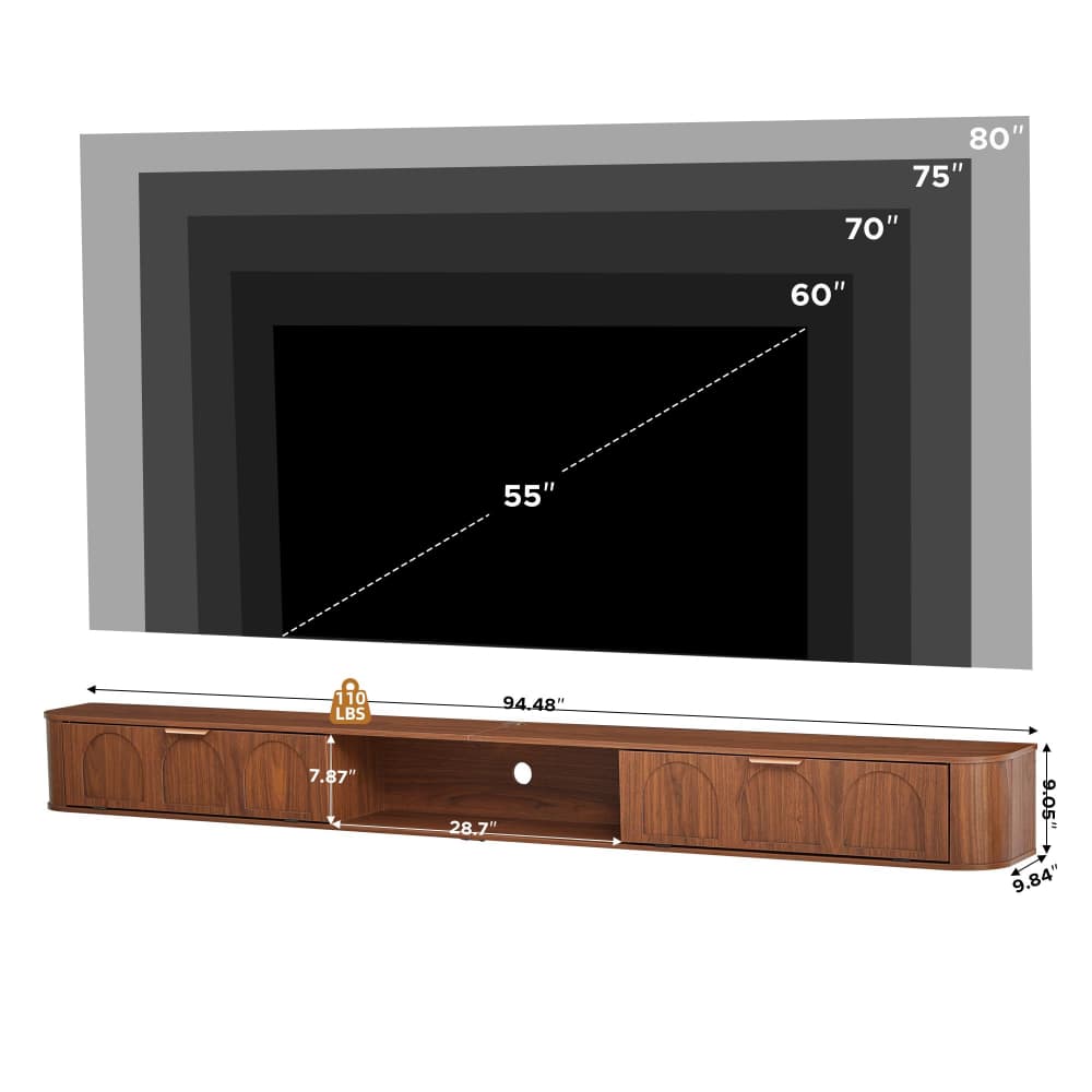 A TV stand console shown with overlaid dimension labels and a large screen mockup above it, illustrating width, height, and depth measurements on a white background.