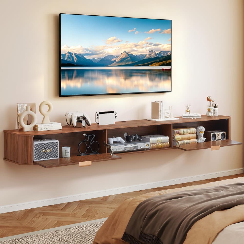 Walnut 94.48'' Wall Mounted Floating TV Stand Entertainment Cabinet for 80-95 Inch
