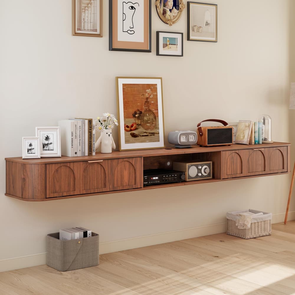 Walnut 94.48'' Wall Mounted Floating TV Stand Entertainment Cabinet for 80-95 Inch
