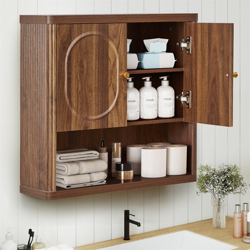 Walnut Bathroom Hanging Wood Fluted Storage Cabinet with Adjustable Shelf