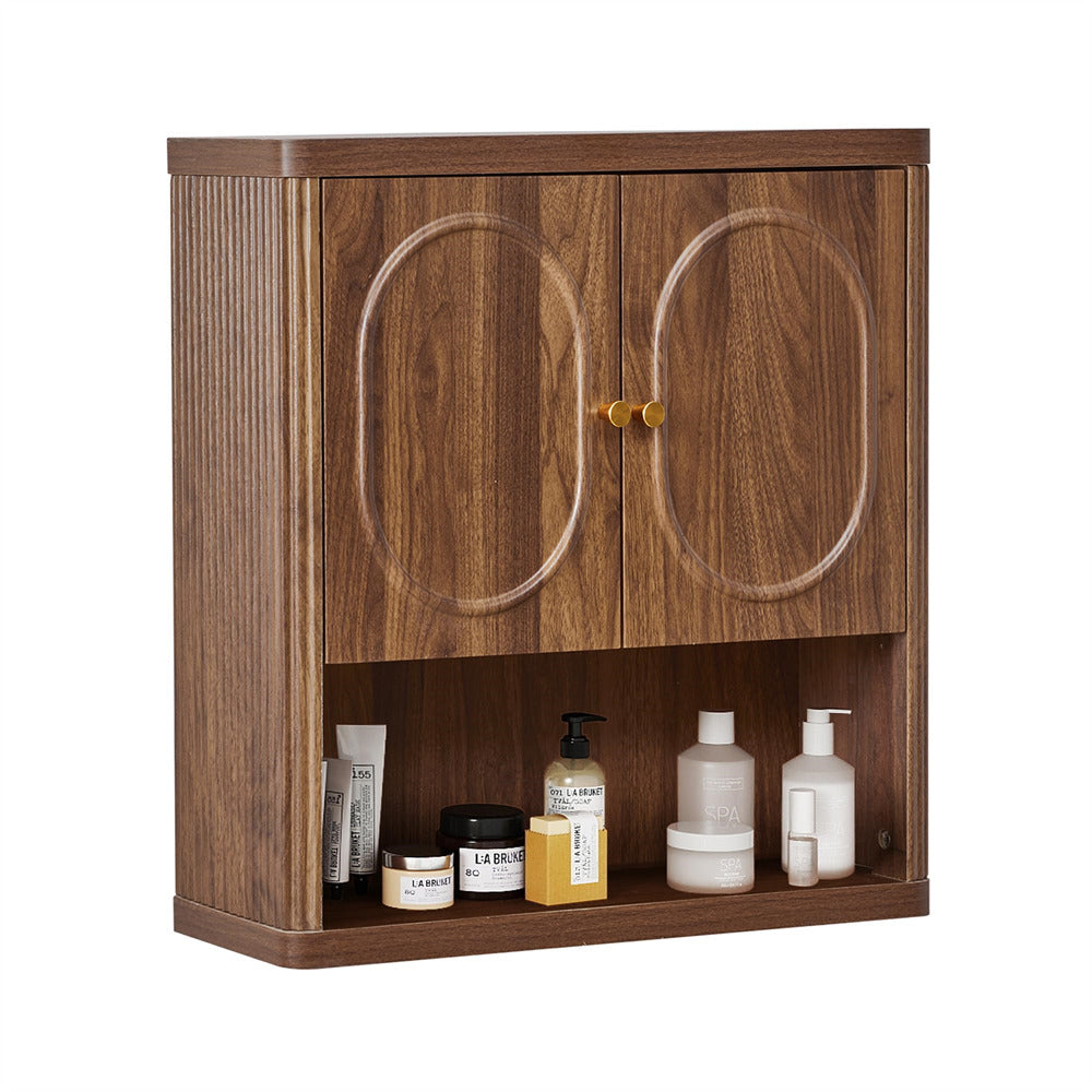 Wooden cabinet with products on a white background