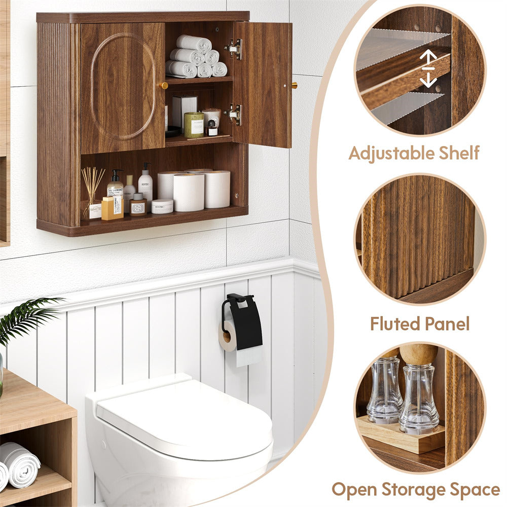 Wooden bathroom cabinet with adjustable shelf, fluted panel, and open storage space on a white wall.