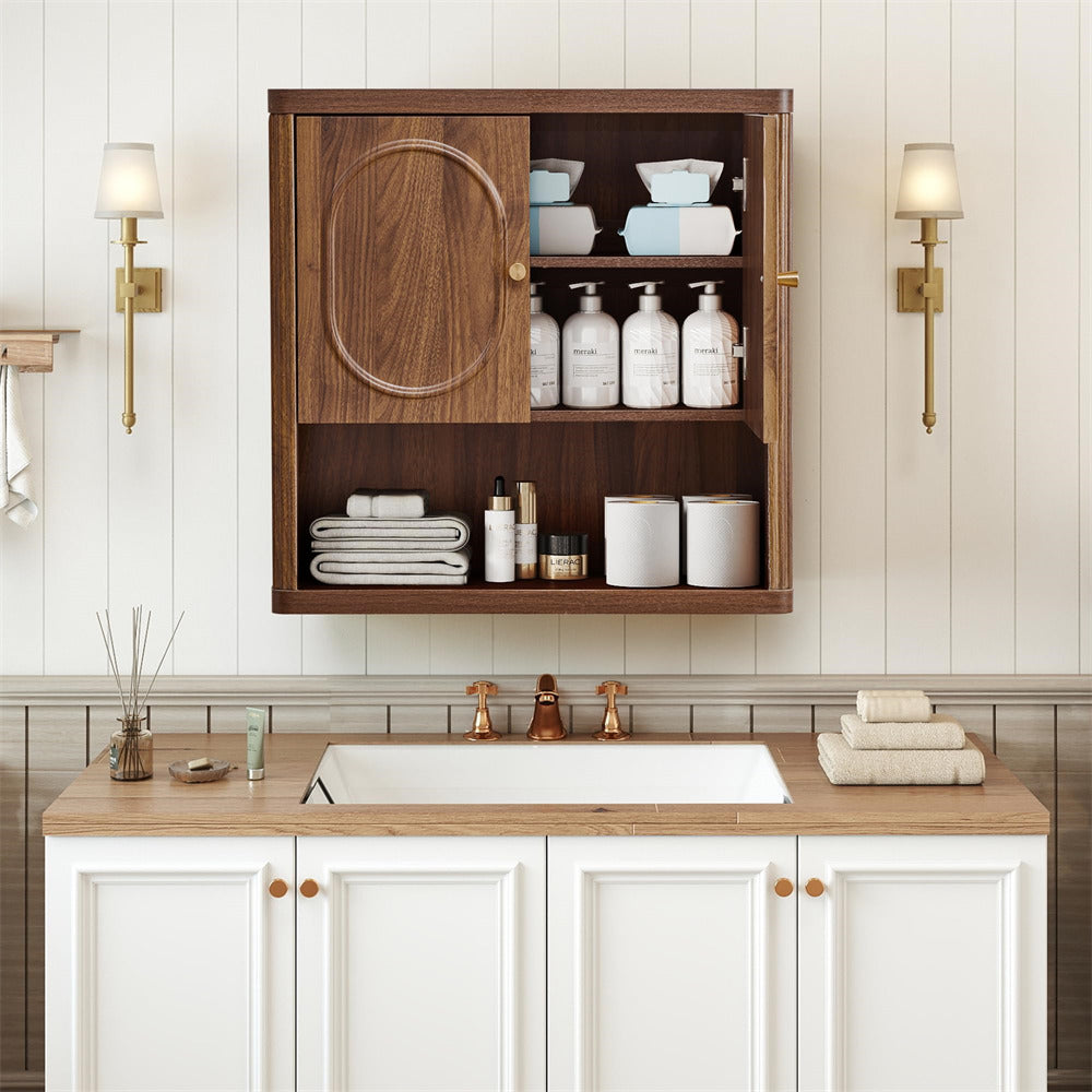 Bathroom with wooden cabinet, sink, and toiletries on a light wood countertop.