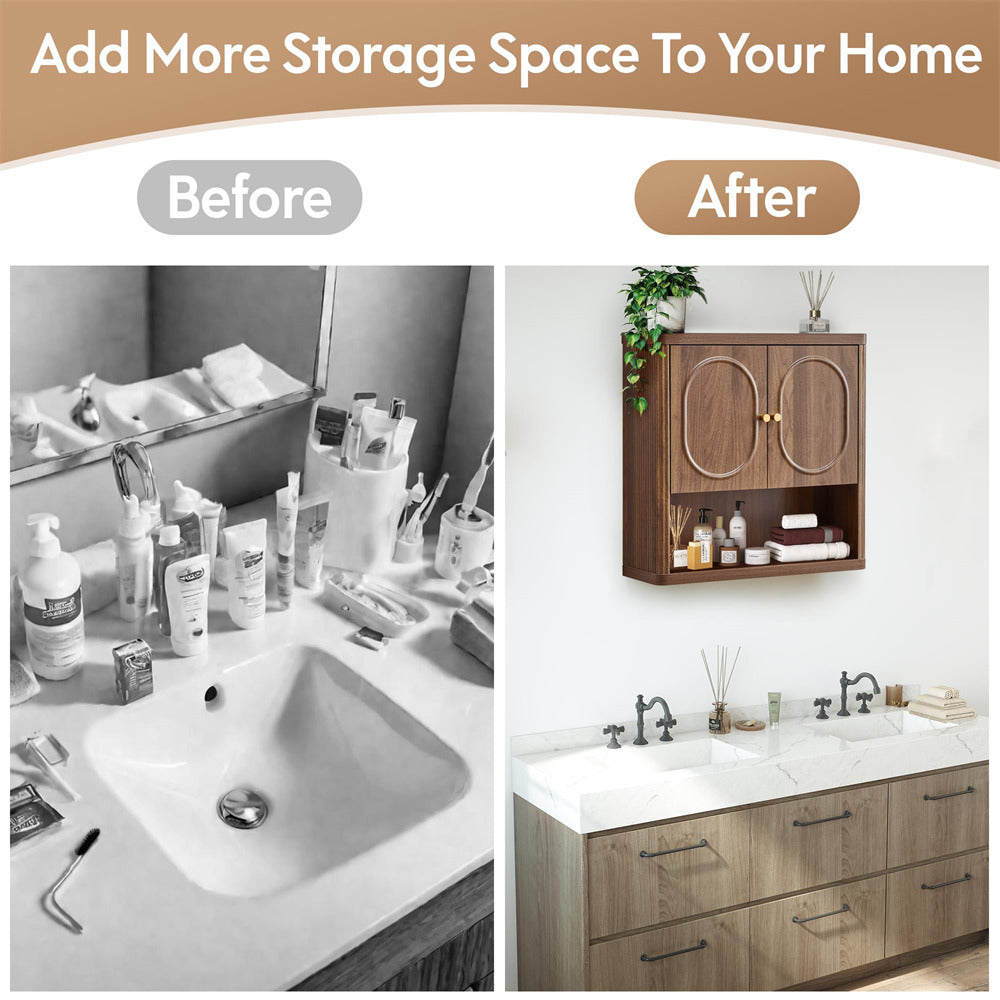 Bathroom transformation before and after with added storage space.