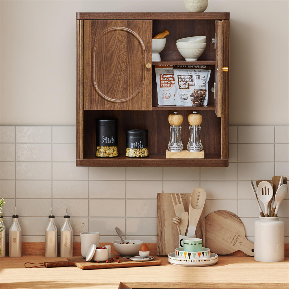 Wooden kitchen cabinet with shelves containing kitchen items on a tiled wall background