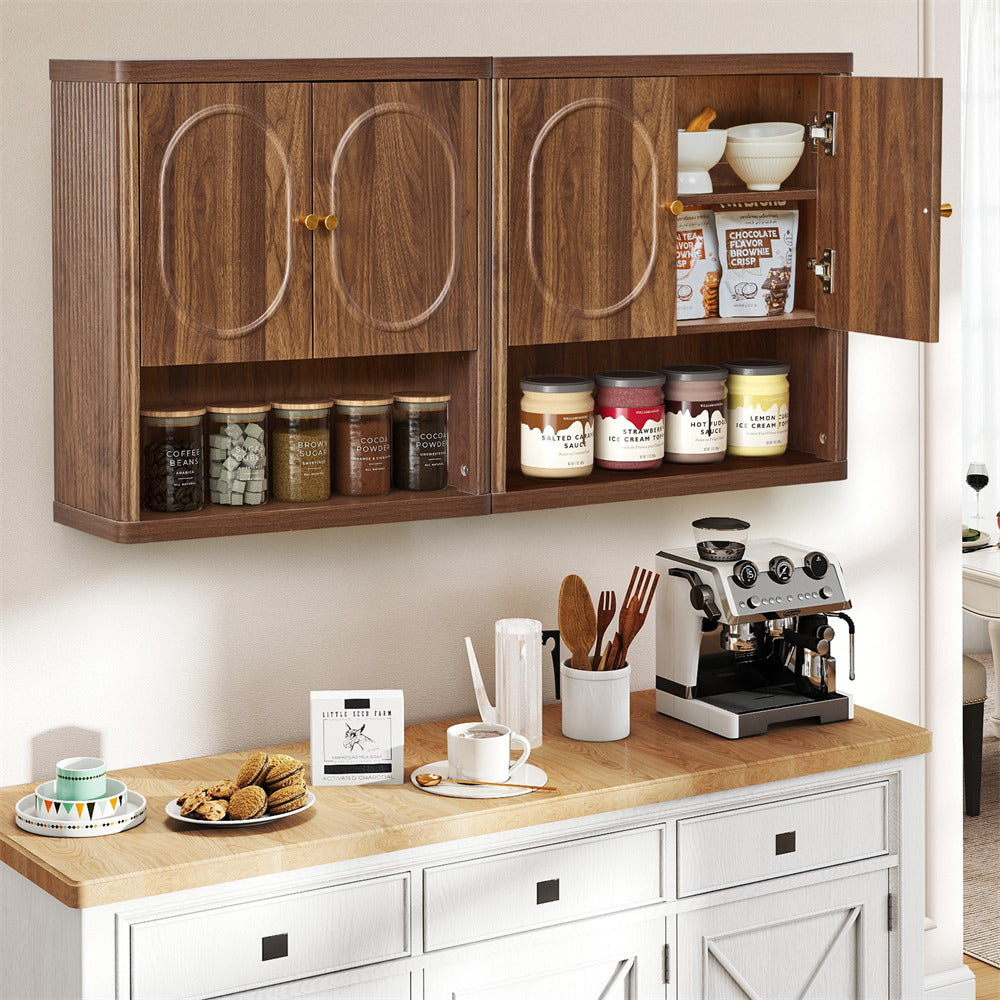 Wooden wall-mounted cabinet with open doors displaying jars and a coffee machine on a kitchen counter.