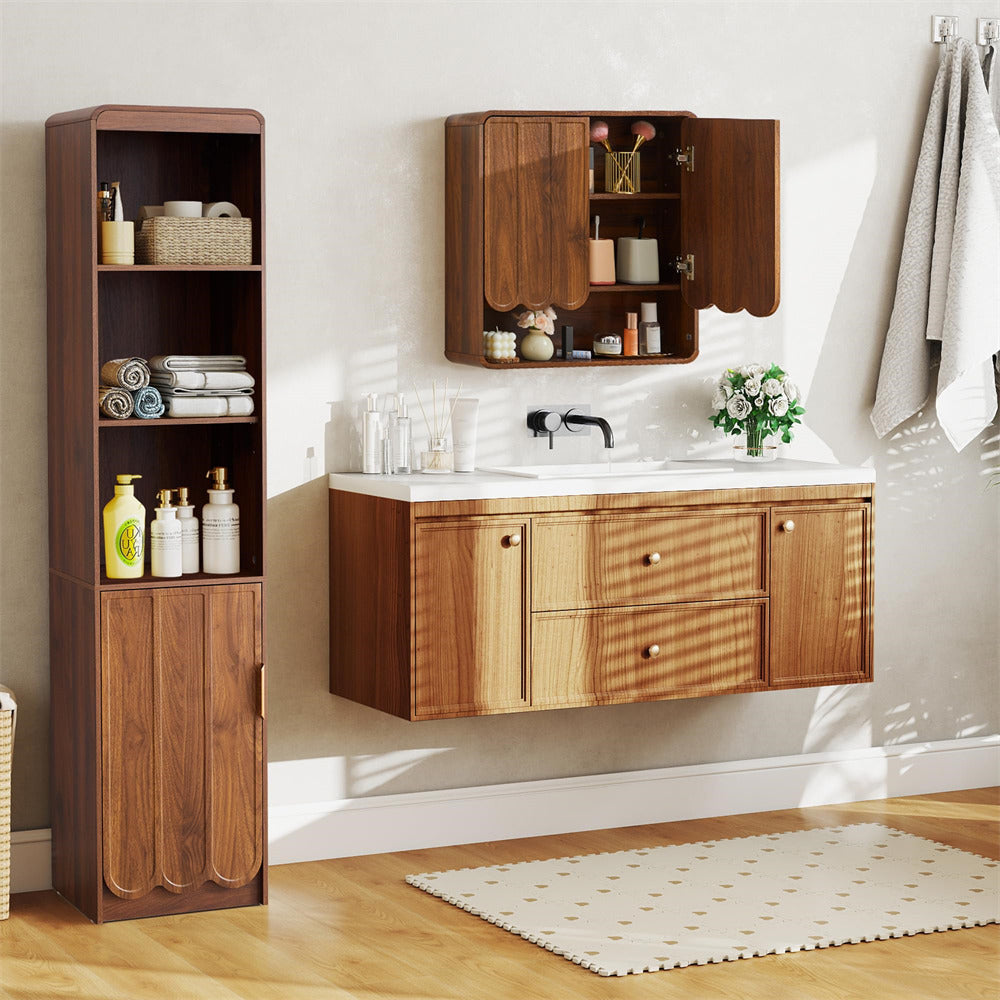 Wooden bathroom vanity with sink and storage cabinet in a bright room.