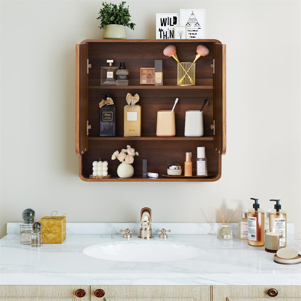Bathroom with wooden shelf above a sink, containing various toiletries and decor items.