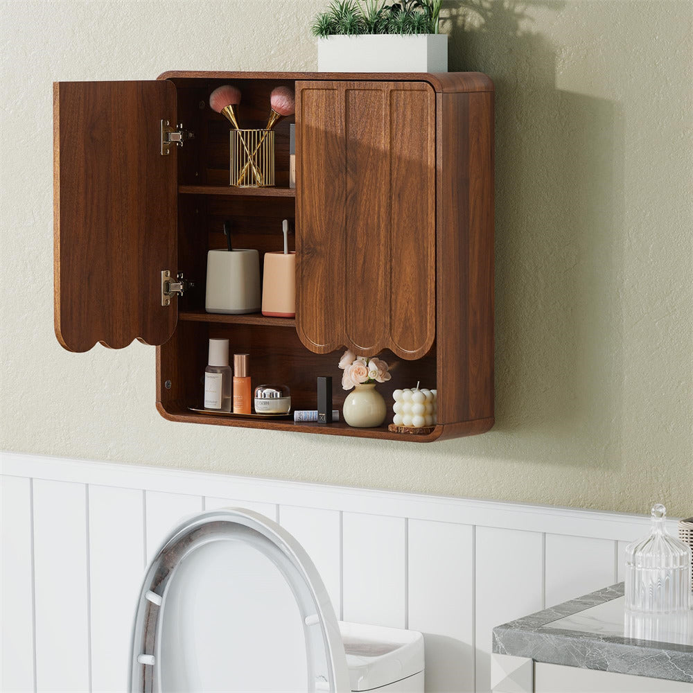 Wooden wall-mounted cabinet with decorative items against a light green wall.