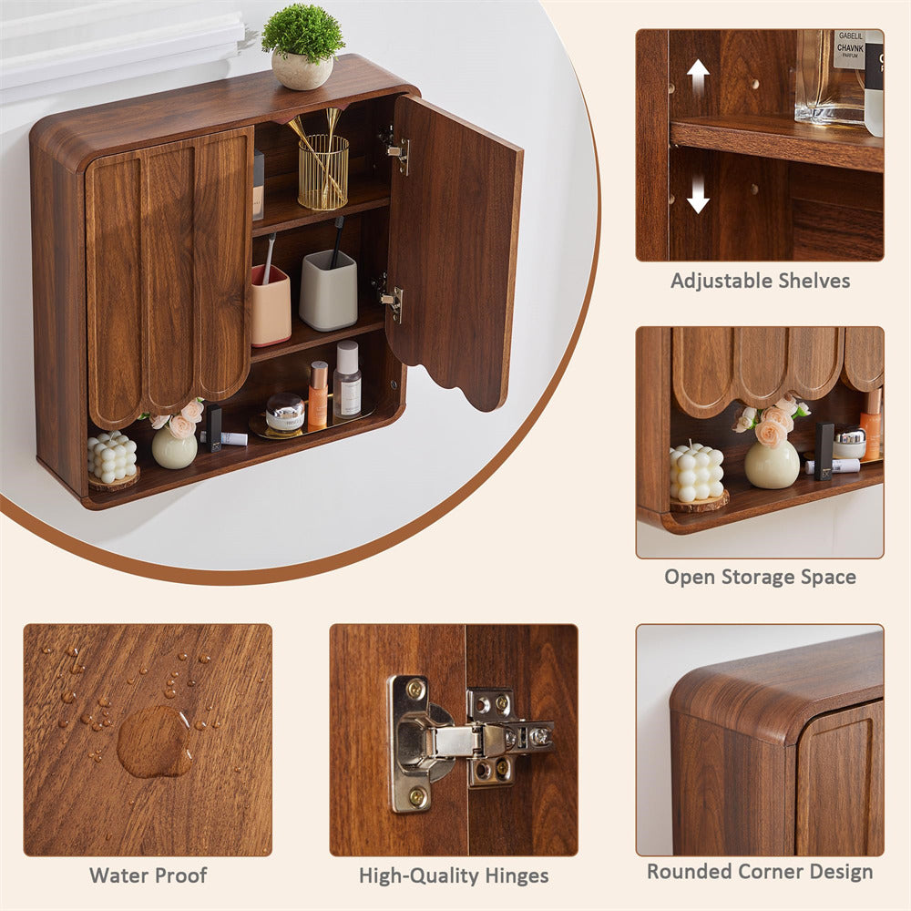 Wooden wall-mounted cabinet with adjustable shelves, open storage space, water-proof feature, high-quality hinges, and rounded corner design.