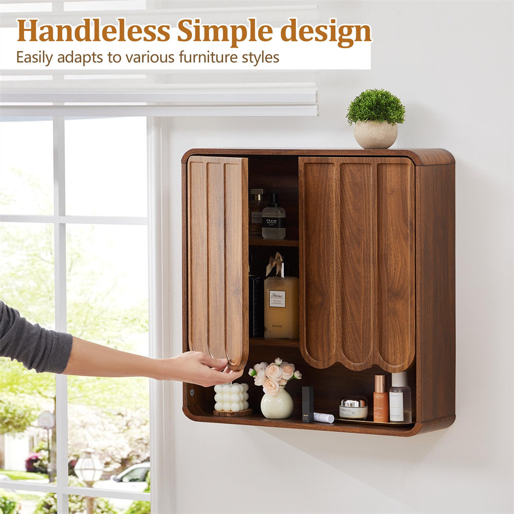 Wooden wall-mounted cabinet with a hand reaching out to open it, set against a windowed door background.