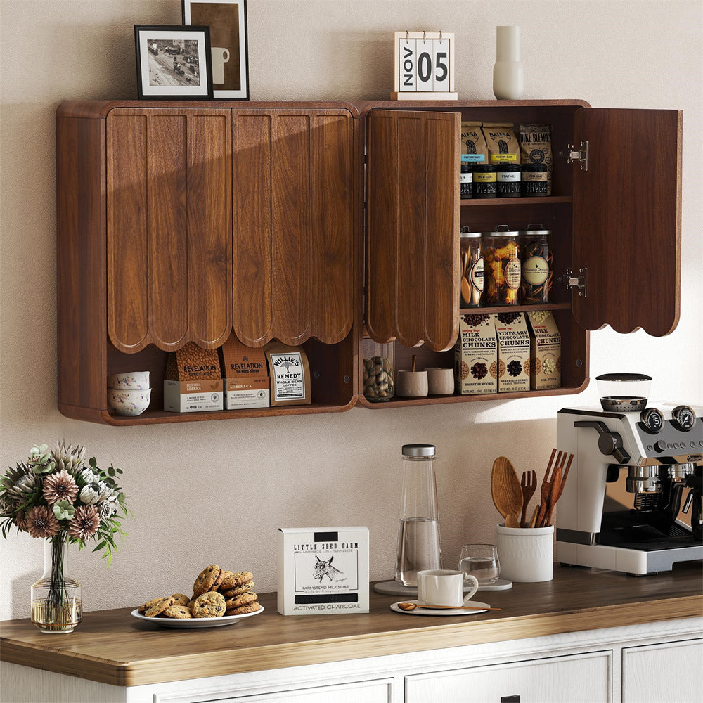 Wooden wall-mounted cabinet with coffee supplies in a kitchen setting