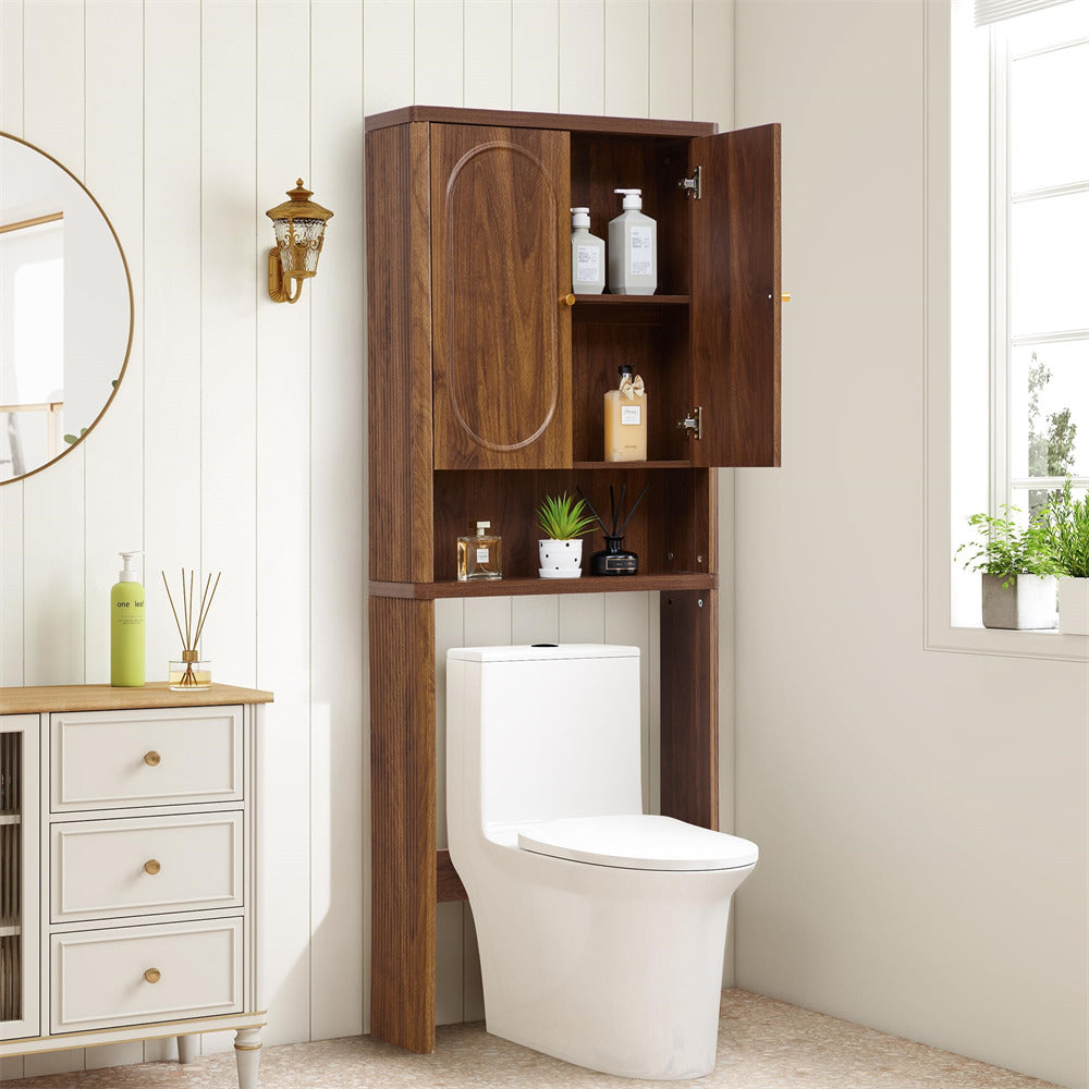 Wooden over-the-toilet cabinet with open doors in a bathroom setting.